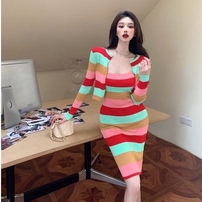 Bộ đầm 2 dây và áo khoác cardigan dệt kim thời trang dành nữ