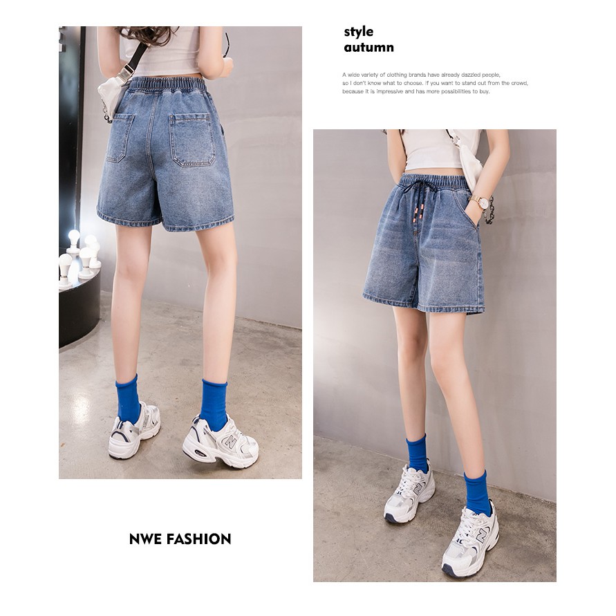 Quần Short Jean Lưng Cao Co Giãn Màu Xanh Dương Có Size Lớn S-5Xl Dành Cho Nữ