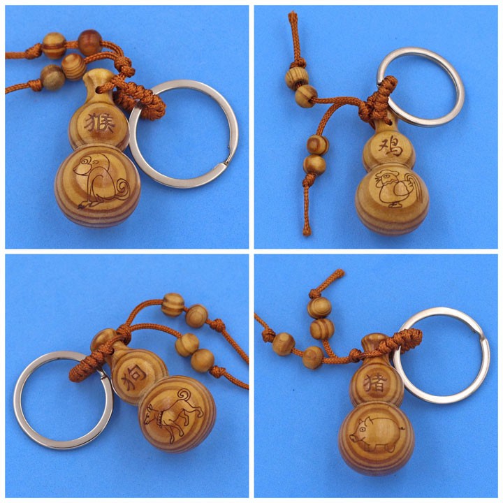 Móc khóa gỗ đào hình hồ lô khắc 12 con giáp