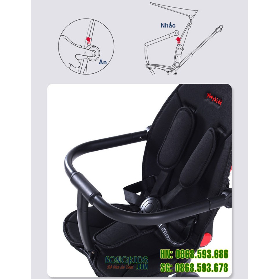 Xe đẩy 2 chiều gập gọn cao cấp Playkids X6 -2, Ngồi và ngả, có mái che, có đệm êm cho bé  từ 6 tháng - 6 tuổi