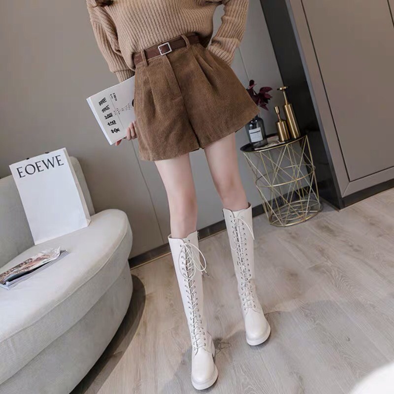 Quần shorts nữ nhung tăm kèm đai ba màu đen nâu kem đậm cạp lưng cao quần đùi nữ phong cách hàn quốc MÃ 912