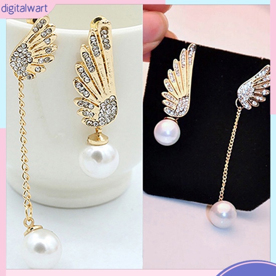 Khuyên tai bất đối xứng hình đôi cánh thiên thần đính hạt ngọc trai nhân tạo xinh xắn sang trọng cho nữ