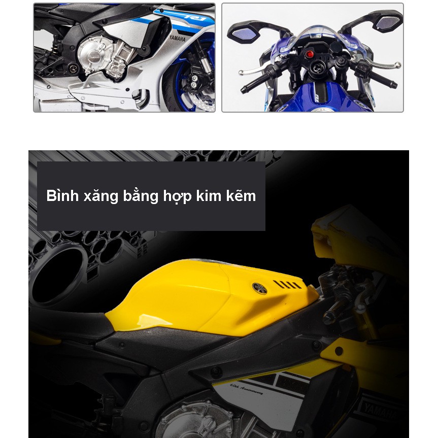 Xe mô hình Moto Yamaha YZFR1 tỉ lệ 1:12, khung hợp kim, lốp cao su, chi tiết như xe thật