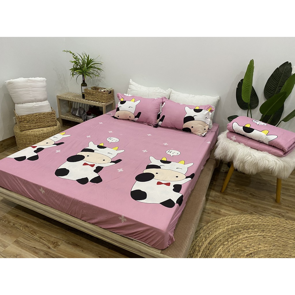 SET GA CHUN VÀ 2 VỎ GỐI NẰM COTTON POLY NGOCANHBEDDING HOT NHẤT HÈ 2021 MẪU BÒ SỮA HỒNG