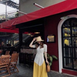 Đầm xòe form dài phối màu nhúng eo