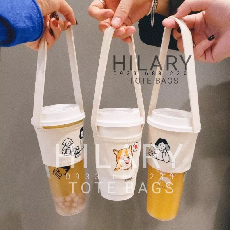 Túi Vải Đựng Ly Nước Trà Sữa In Hình Dây Đai