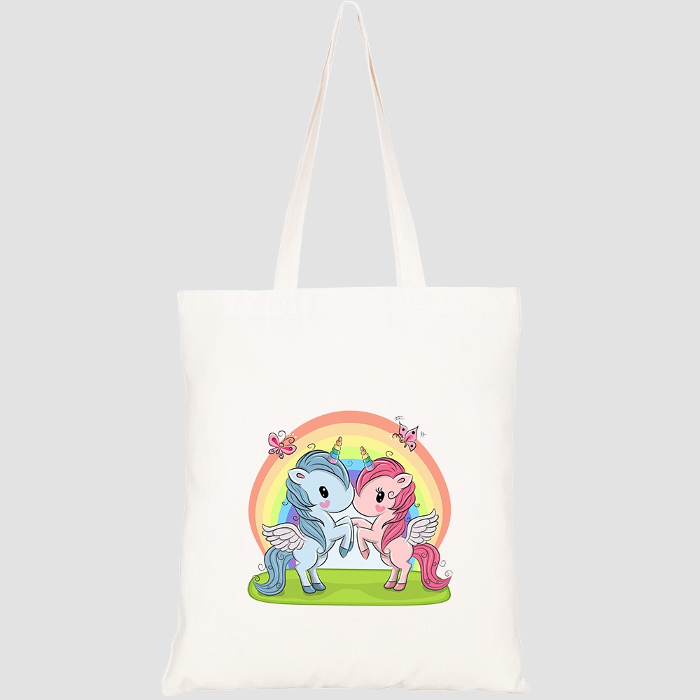 Túi vải tote canvas HTFashion in hình two cute unicorns on rainbow HT546