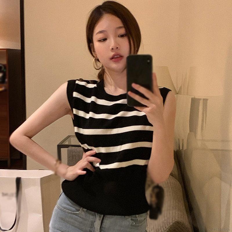 Áo Sát Nách Cổ Tròn Form Rộng Họa Tiết Kẻ Sọc Phong Cách Hàn Quốc | BigBuy360 - bigbuy360.vn