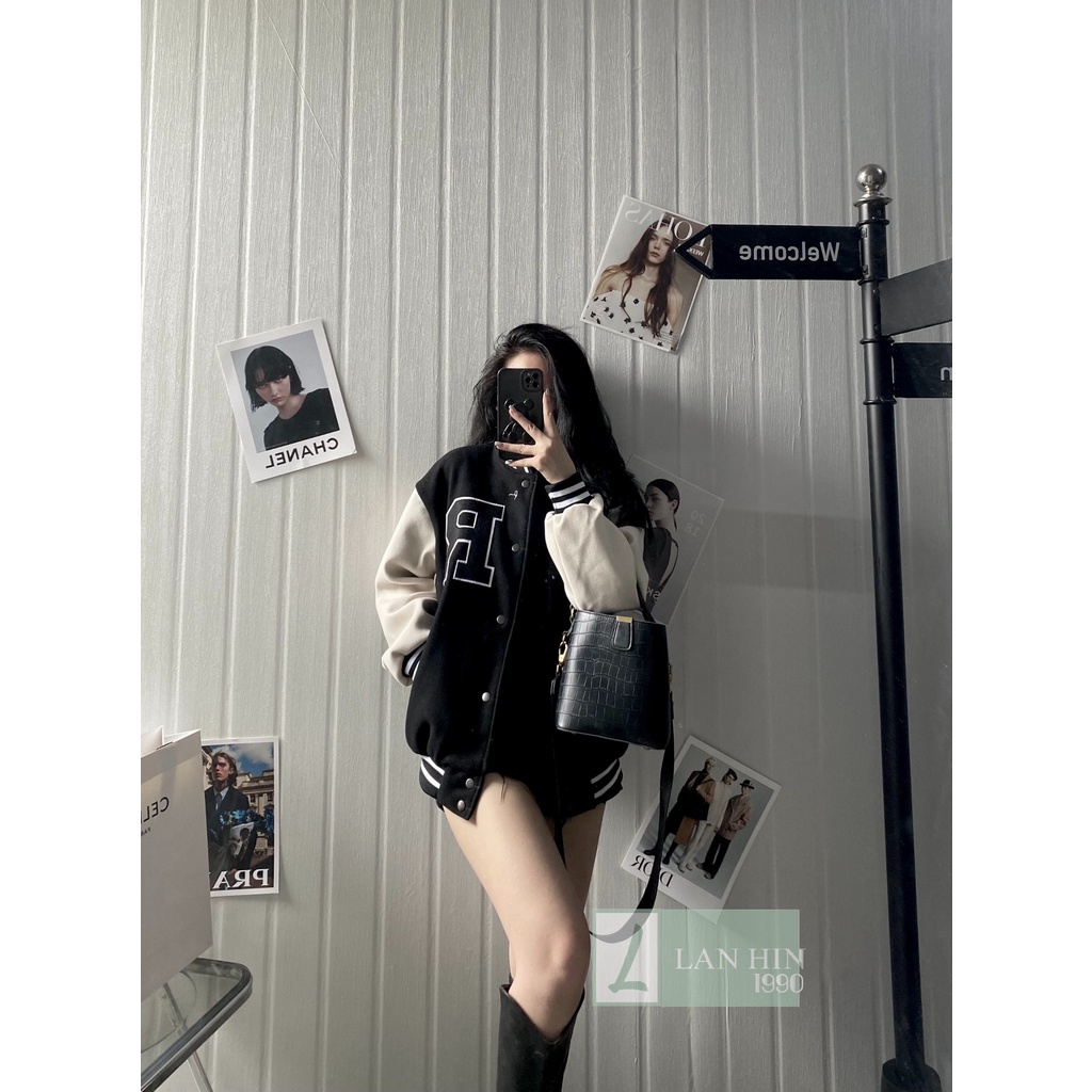 Áo Khoác Bomber Unisex Dạ 2 Lớp Chữ R Phối Màu Cá Tính