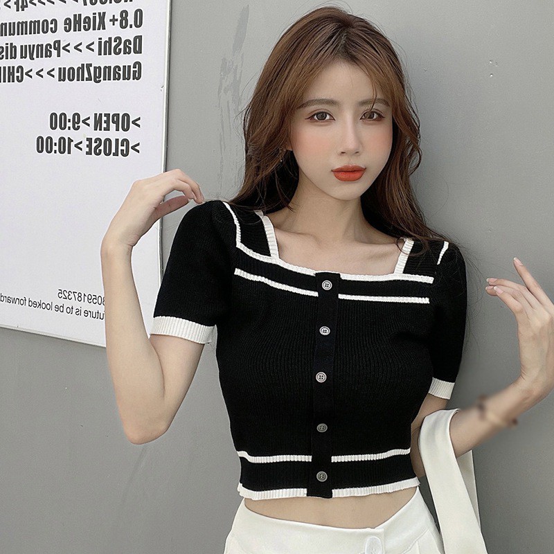 Áo dệt kim tay ngắn cổ vuông phong cách retro Pháp cho nữ