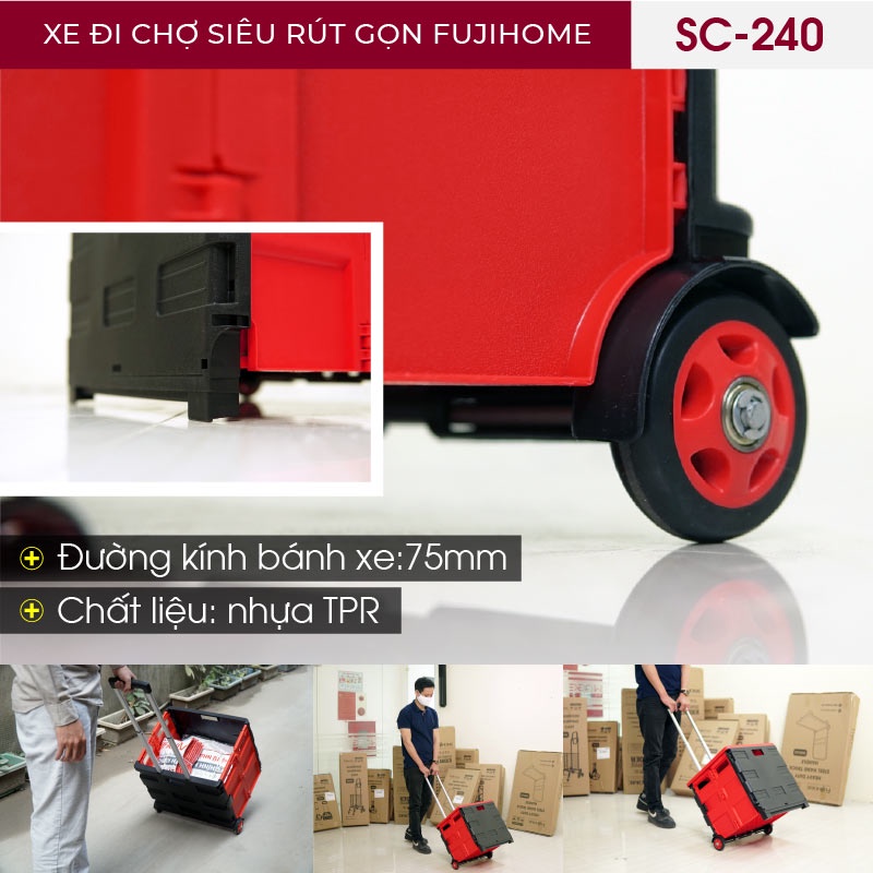 Xe đẩy hàng gấp gọn đi chợ siêu thị mini 2 bánh FUJIHOME SC-240, Chính hãng bảo hành 1 năm