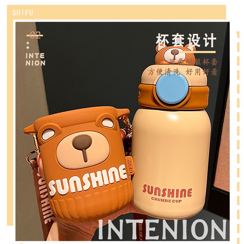 Bình Nước Inox 316 Thiết Kế Hình Gấu Trúc Dễ Thương Kèm Ống Hút Tiện Dụng Cho Bé Gái