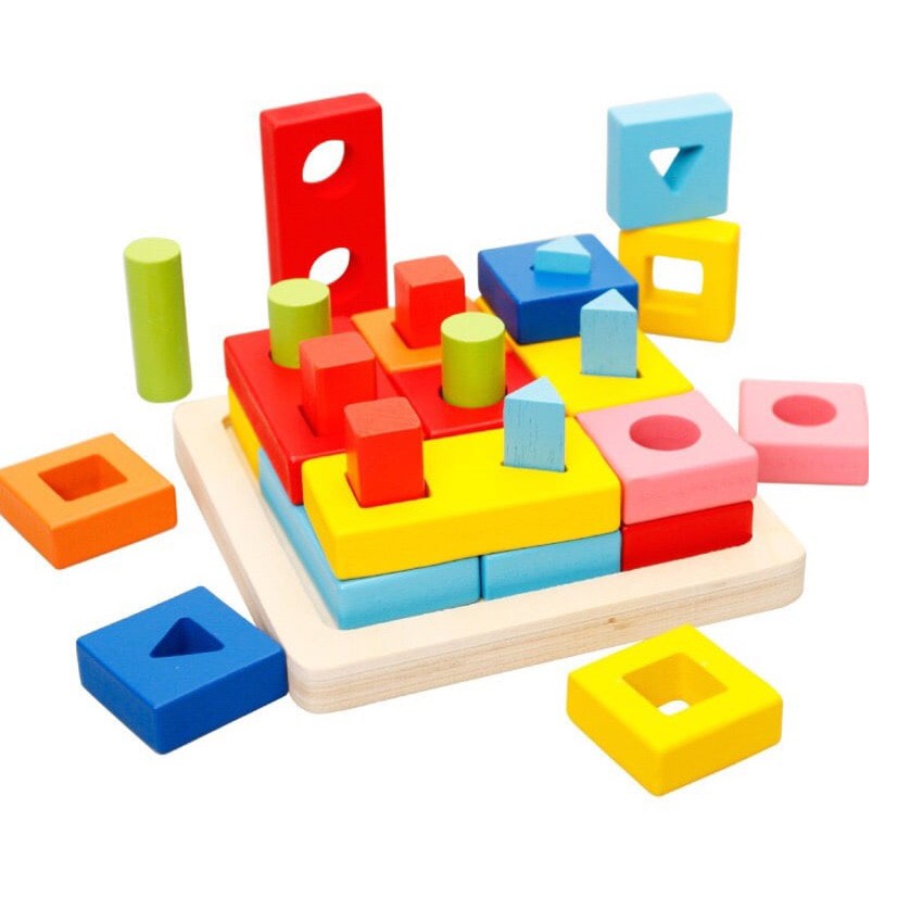 Đồ chơi gỗ Montessori thả cọc hình khối thông minh 3D