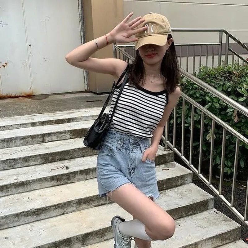 Áo hai dây mỏng kẻ sọc thời trang mùa hè cho nữ