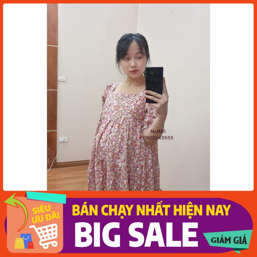🌹XẢ🌻Váy Bầu & Sau Sinh hoa nhí 3 MÀU hot hit có khoá kéo cho con ti, cổ vuông sang chảnh đàm xuông big size