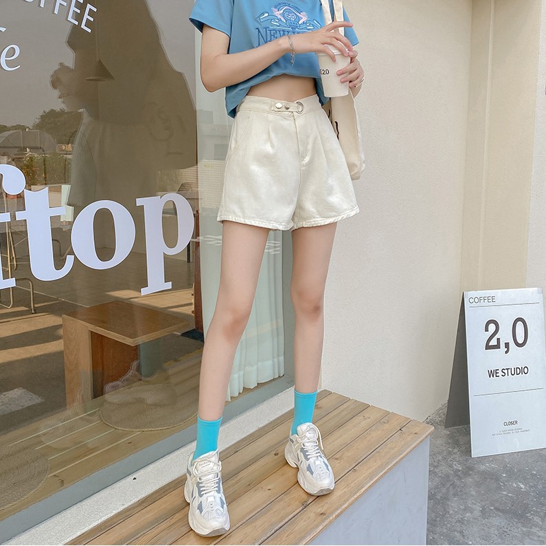 LEEVA - Short jeans trơn phối nút gài cách điệu S025