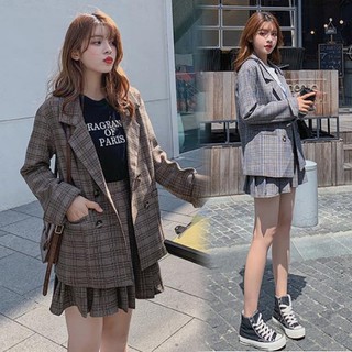 (Hàng Đẹp)Ảnh thật 4 hình cuối-HC401.Set đồ nữ Áo khoác vest blazer kèm chân váy kẻ caro phong cách Anh