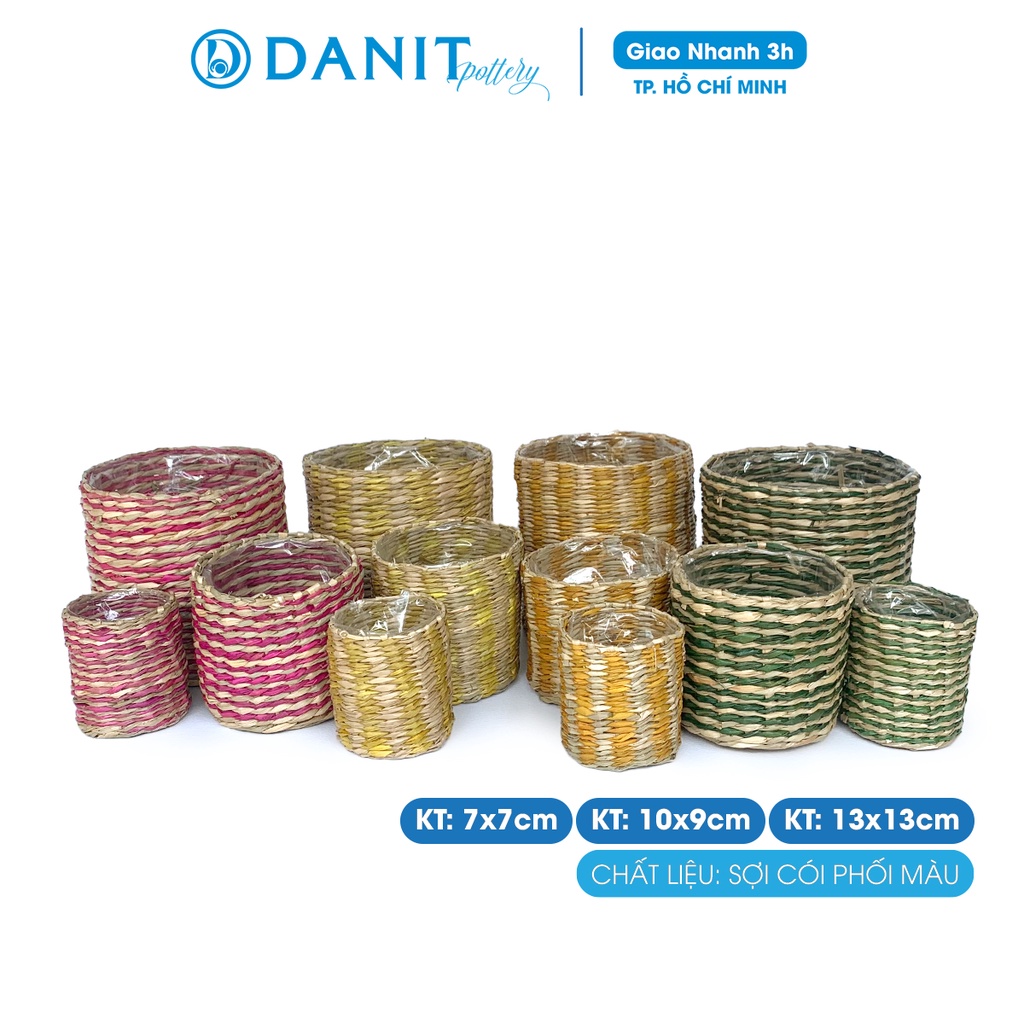 Giỏ cói hình trụ phối màu 7cm, 10cm, 13cm | giỏ cắm hoa giả, decor trang trí Danit Pottery