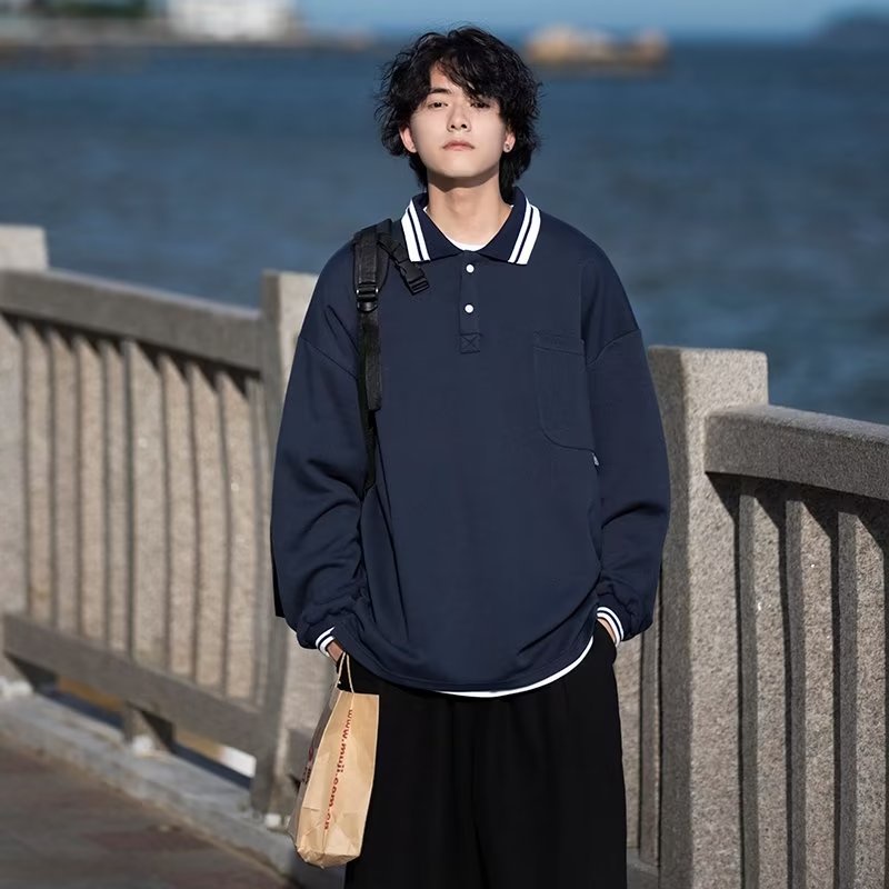Áo Thun Polo Tay Dài Màu Trơn Đơn Giản Phong Cách Harajuku Nhật Bản Thời Trang Cho Nam