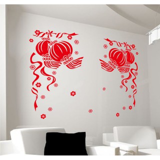 Decal trang trí tết - Lồng đèn đôi đỏ dây leo size đỏ