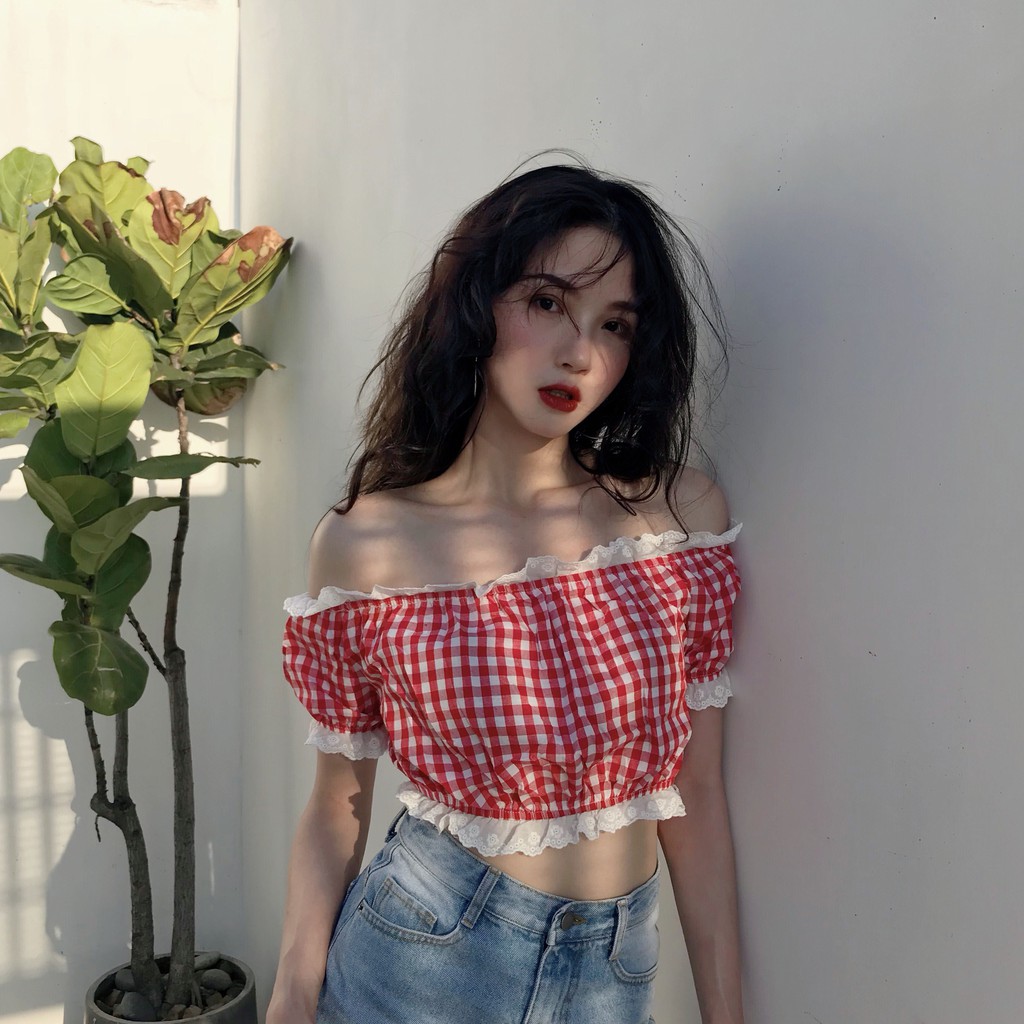 ÁO ULZZANG ÁO CROPTOP TRỄ VAI SỌC CARO HÀN QUỐC