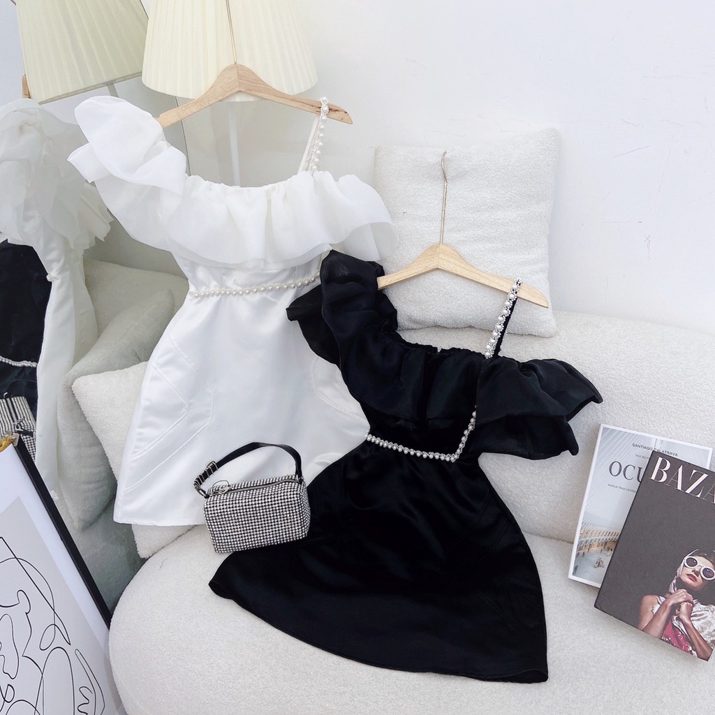 ĐẦM DỰ TIỆC LỆCH VAI BÈO BỒNG DÂY ĐÍNH ĐÁ