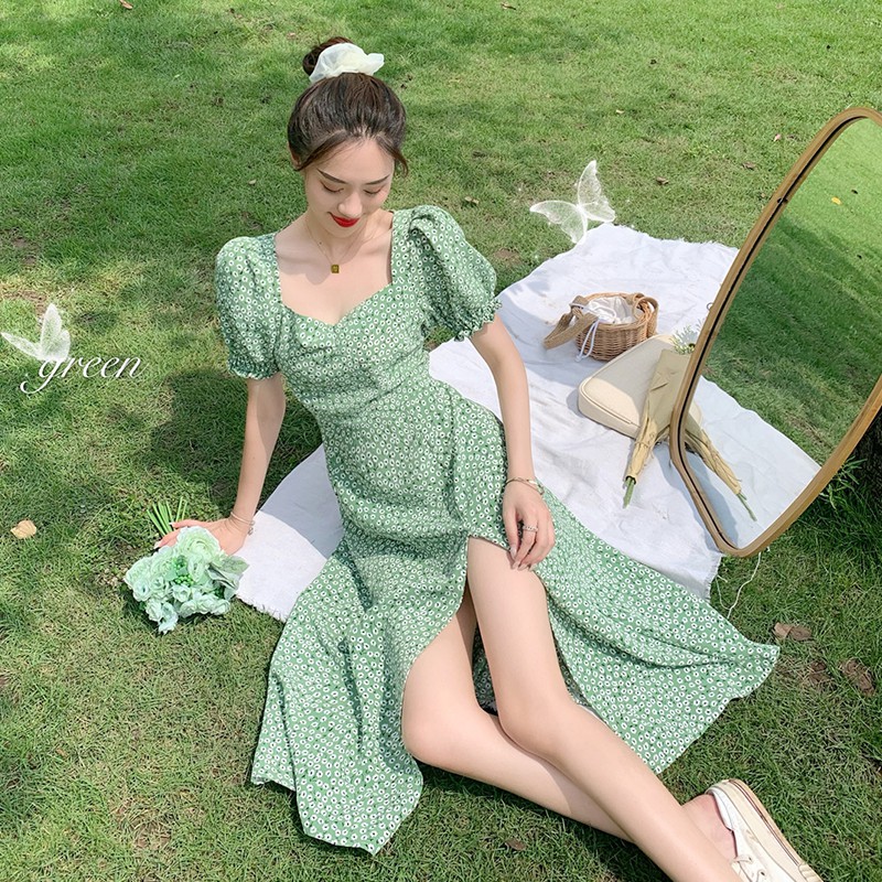 (ORDER) Váy maxi hoa nhí màu xanh cổ vuông thon eo xoè dài xẻ tà gợi cảm style hè 2020