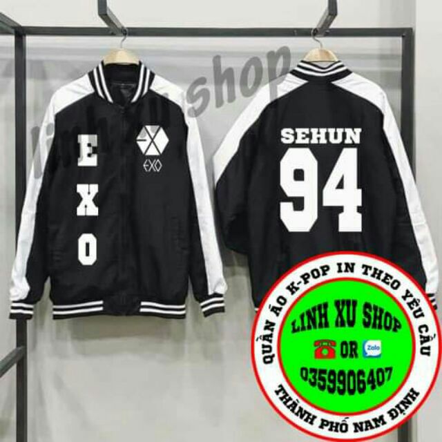 Áo khoác bóng chày EXO áo nỉ dáng bomber tay phối in theo yêu cầu