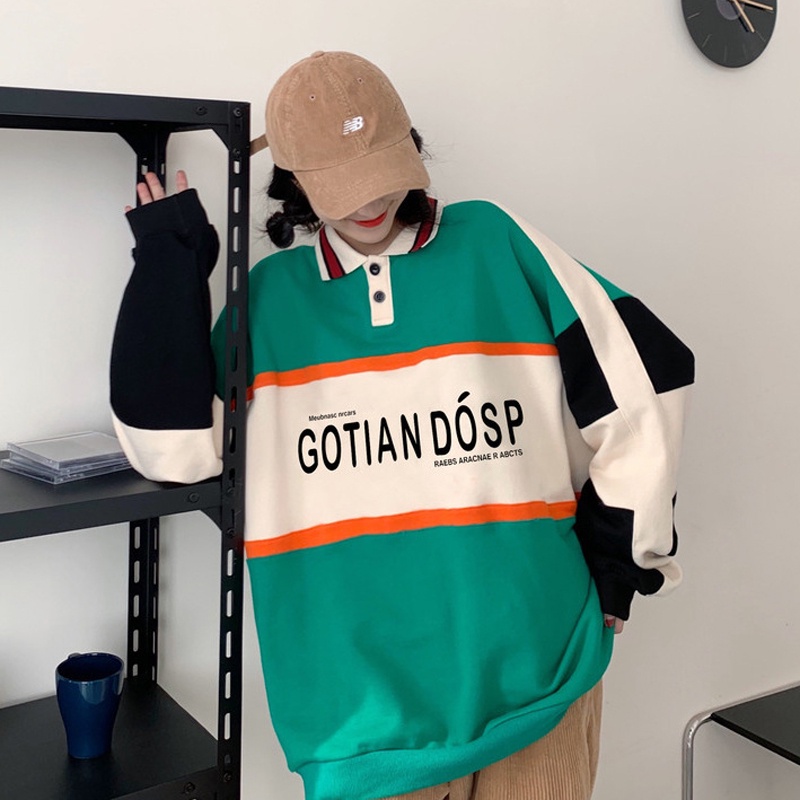 Áo thun IELGY nữ dài tay cổ bẻ form rộng màu sắc retro thời trang