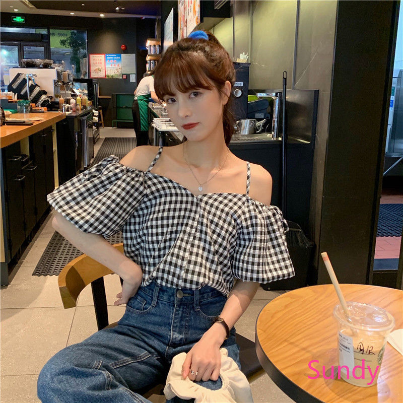 Áo Trễ Vai Tay Phồng Họa Tiết Ca Rô Phong Cách Hàn Quốc Cho Nữ
