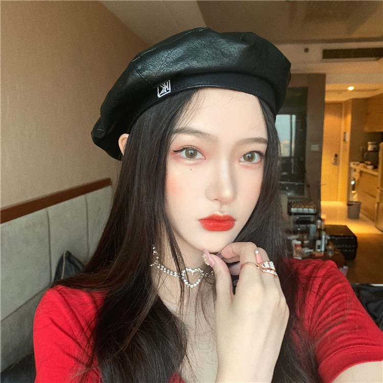 Mũ Beret Da pu Màu Trơn In Chữ Phong Cách Hàn Quốc Thời Trang Thu Đông Cho Nữ