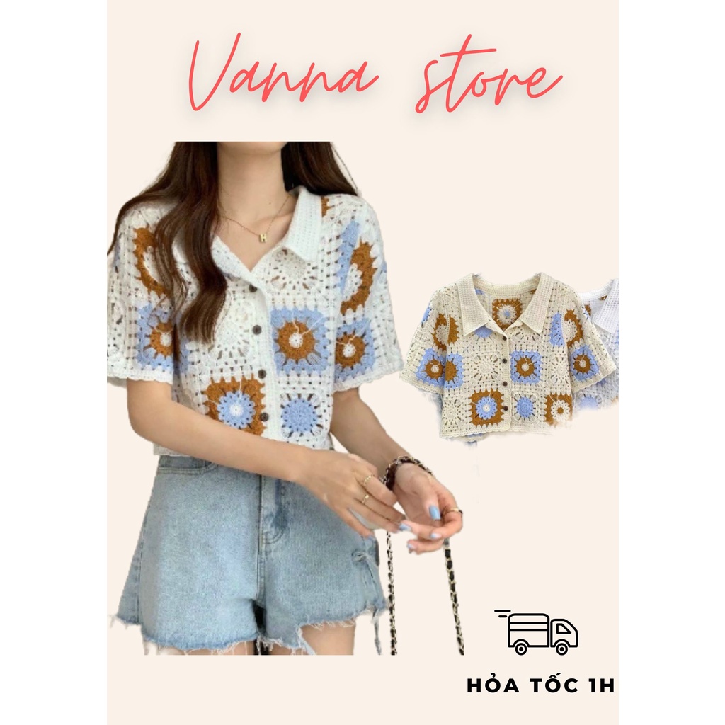 Áo hoa ren cổ bẻ, áo len móc polo thêu hoa hàng Quảng Châu VANA STROE