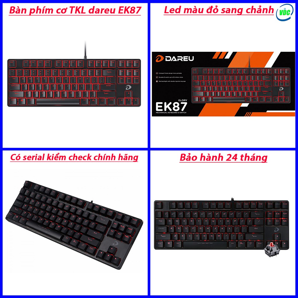 Bàn phím cơ  Dareu EK87 - Mã cũ DK87 - Led Red - Có serial check Chính hãng - Bảo hành 24 tháng