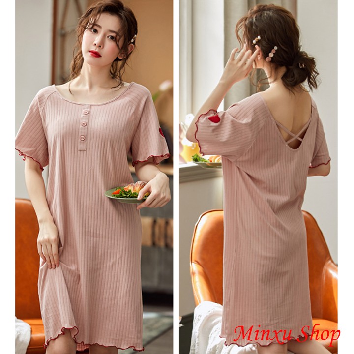 Váy ngủ đầm ngủ mặc nhà cotton dáng suông mùa hè Minxu Shop - phong cách công chúa sexy - hở lưng, quyến rũ (V2075)