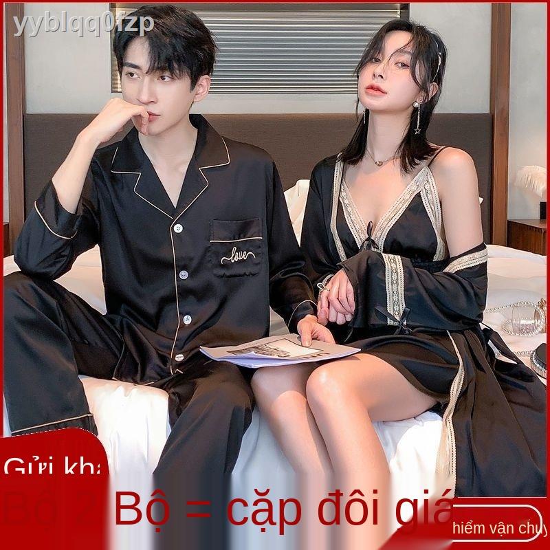 Mùa xuân và thu cặp đôi mới bộ đồ ngủ nữ lụa băng sexy sling váy phù hợp với nam giới hai mảnh