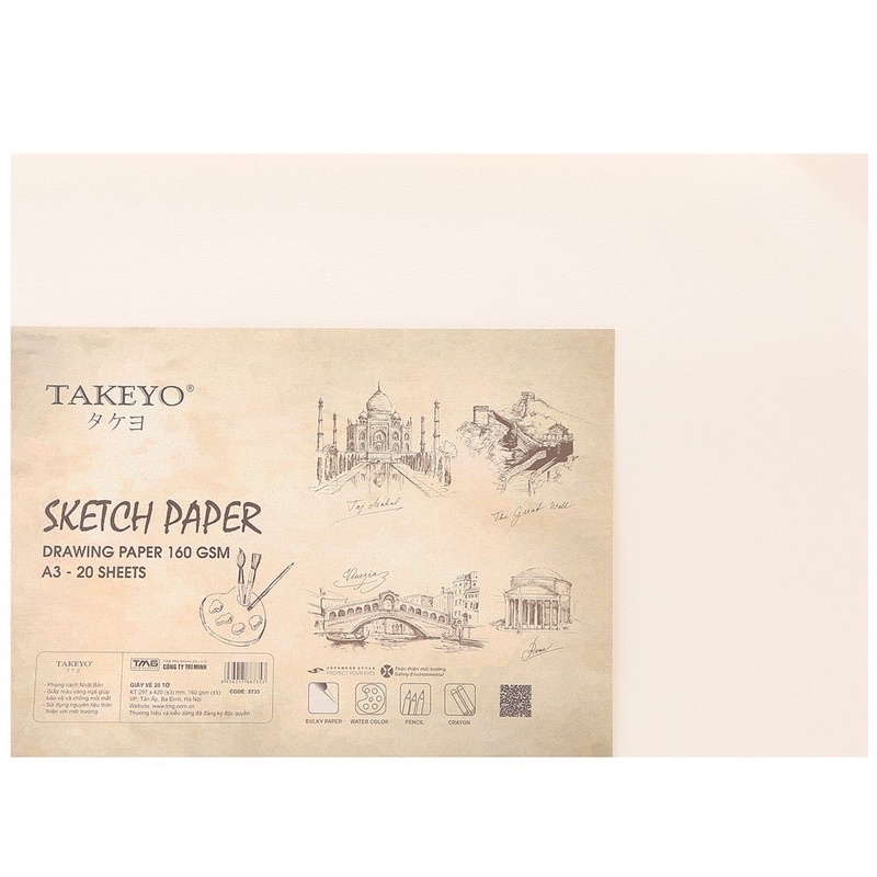 Giấy vẽ Takeyo khổ A4/A3 định lượng 100gsm,20 tờ/tập giấy phác thảo sketchbook cho bé tập vẽ