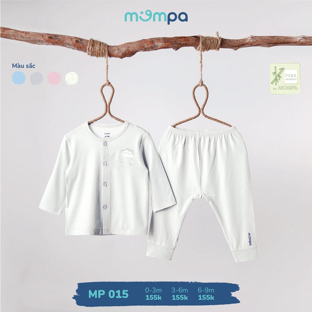 Bộ quần áo sơ sinh dài tay 4 mùa Mompa 0-9 tháng vải sợi tre Bamboo mềm mịn co giãn thấm hút thoáng da cúc giữa 014 015