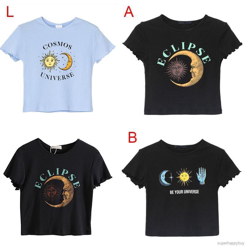 Áo Croptop Ngắn Tay In Hình Mặt Trăng / Mặt Trời Kiểu Hàn Quốc Xinh Xắn Cho Nữ