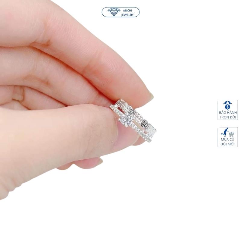 Nhẫn kim tiền 2 vòng đính đá, chuẩn bạc ta nguyên chất cho nữ, Anchi jewelry