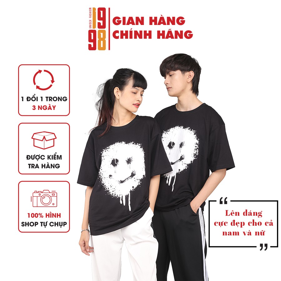 Áo thun nam nữ áo thun unisex tay lỡ form rộng đẹp in hình mặt cười thương hiệu 1998