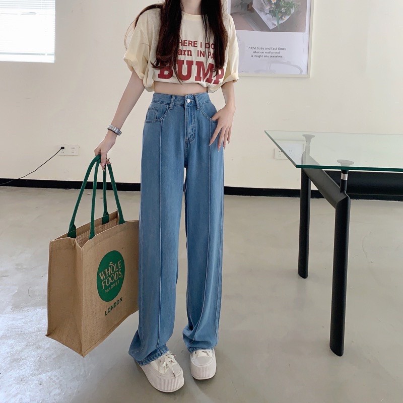 Quần Jeans nữ ống suông chắp gân, chạy gân dọc - Hàng có sẵn - Xưởng may Lộc Vân