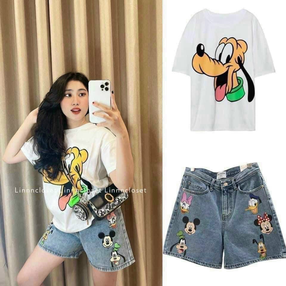 [ZARA] SET ÁO PHÔNG TRẮNG QUẦN BÒ MICKY HÀNG ZARA XUẤT XỊN