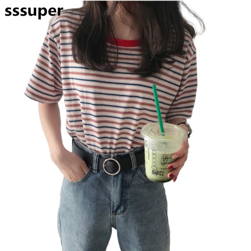 Áo thun tay ngắn kẻ sọc nhỏ phong cách Hàn Quốc trẻ trung và thời trang cho nữ