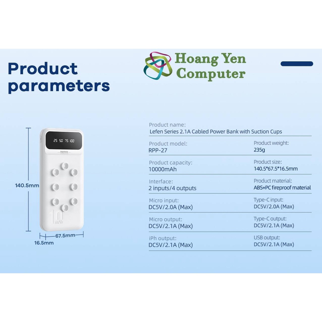 Sạc Dự Phòng Remax RPP-27 10000mAh (Tích Hợp 3 Đầu Cáp, Lỗi Polymer Siêu Bền) - BH 12 Tháng - Hoàng Yến Computer