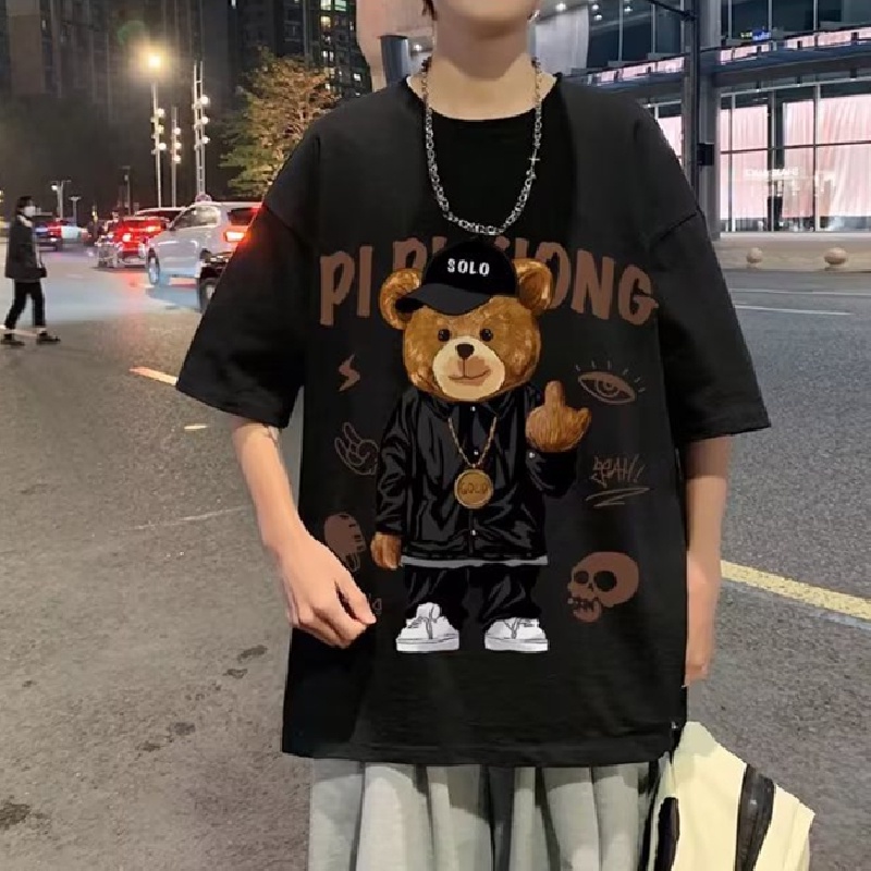 Áo Thun Tay Ngắn Dáng Rộng In Hình Chú Gấu Phong Cách Hip Hop Đường Phố Cho Nam Và Nữ Cỡ Lớn M-8XL