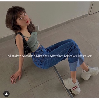 MISTAKER | Quần jean form suông ống rộng bẻ lai lưng cao 9 tấc màu xanh đậm