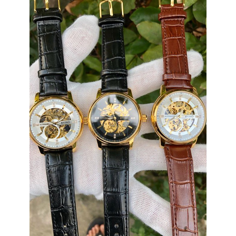 Đồng hồ Byino Đồng hồ nam cơ lộ máy dây da cao cấp