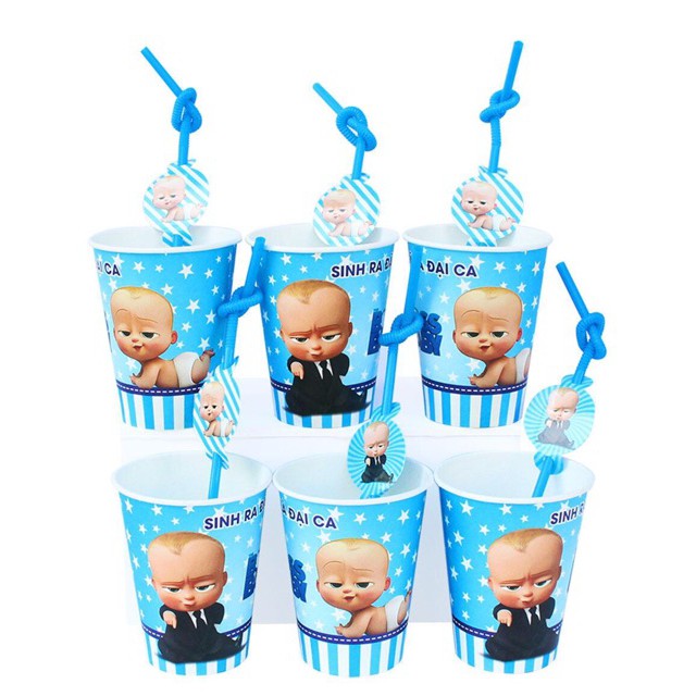 Ly giấy + ống hút sinh nhật mẫu bé trai ( sét 6 cái )