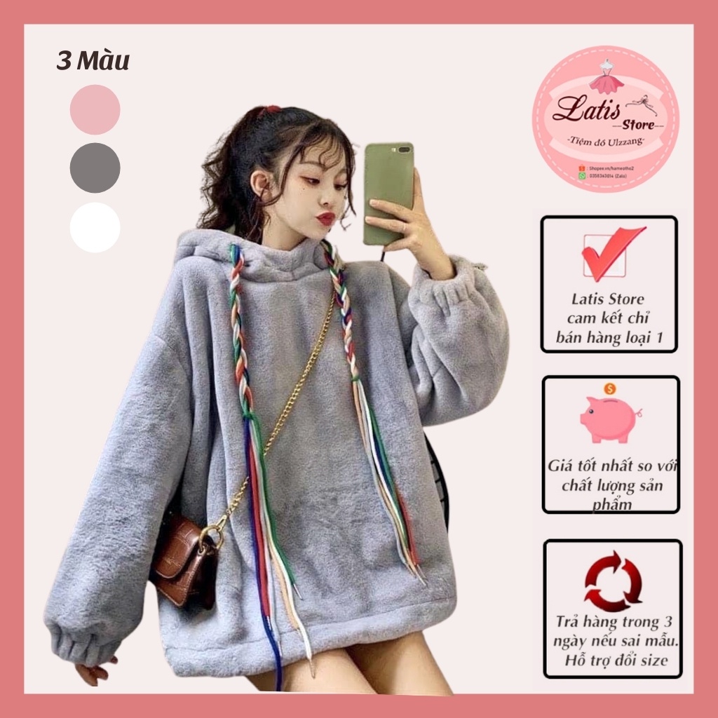 Áo Hoodie Lông Siêu Dày, Áo Hoodie Nữ Form Rộng Lông Cừu Siêu Ấm Hàng Quảng Châu Phong Cách Ulzzang Latis Store