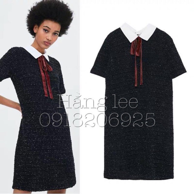Váy phối cổ sơ mi nơ đỏ